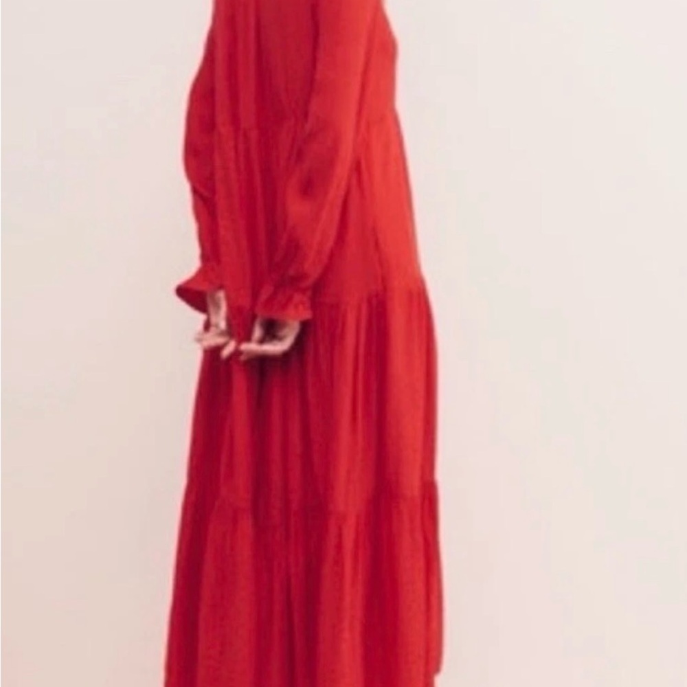 Maeve by Anthropologie Red Jacquard Tiered Maxi Dress Size S Long Sleeve Pockets - Picture 4 of 10